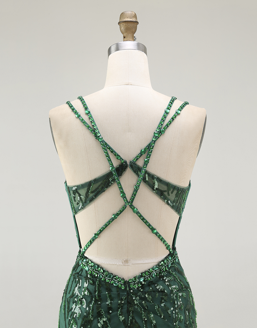 Sparkly Dark Green Short Spaghetti Strap Sequins Tight Homecoming Dress