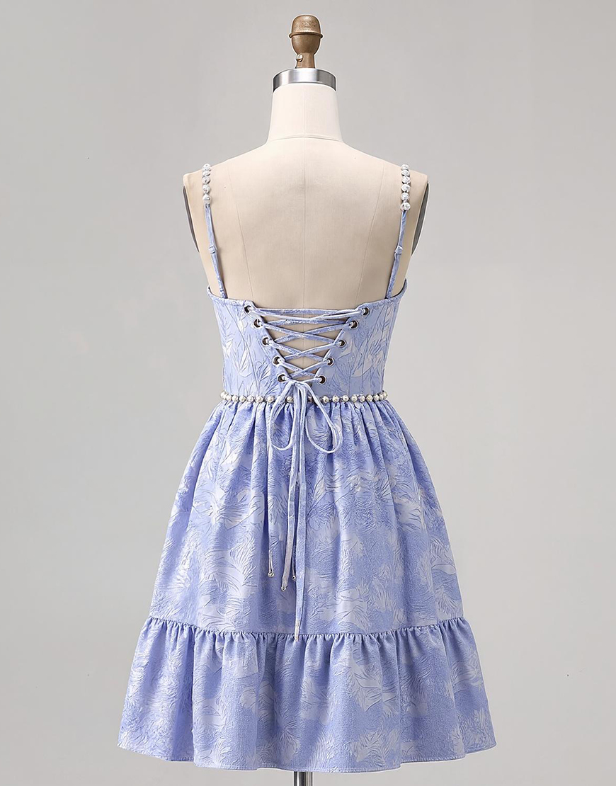 Sparkly Blue A Line Short Jacquard Homecoming Dress with Pearls