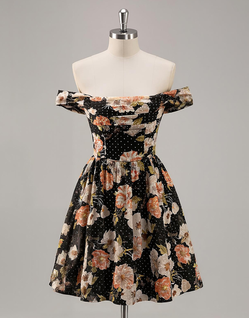 Sparkly Short Black Floral Off the Shoulder Homecoming Dress