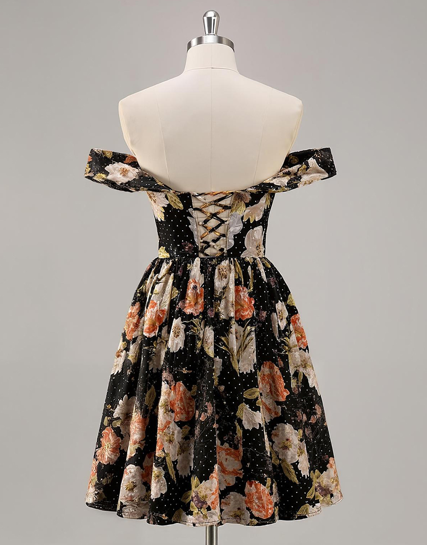 Sparkly Short Black Floral Off the Shoulder Homecoming Dress