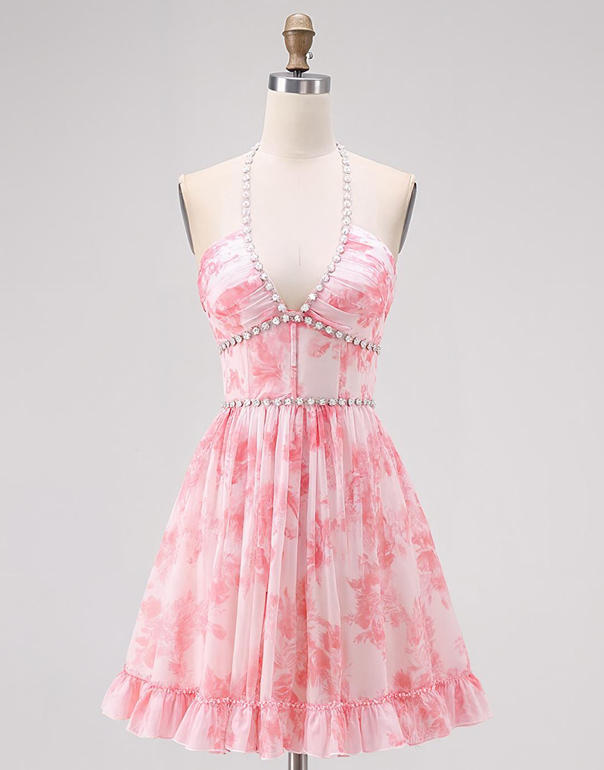 Sparkly Short Pink Halter Floral Pearls Homecoming Dress