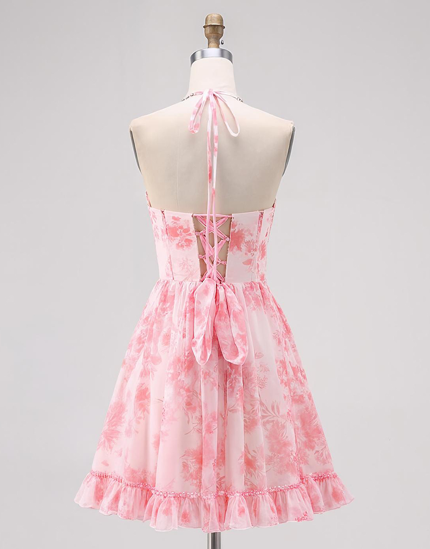 Sparkly Short Pink Halter Floral Pearls Homecoming Dress