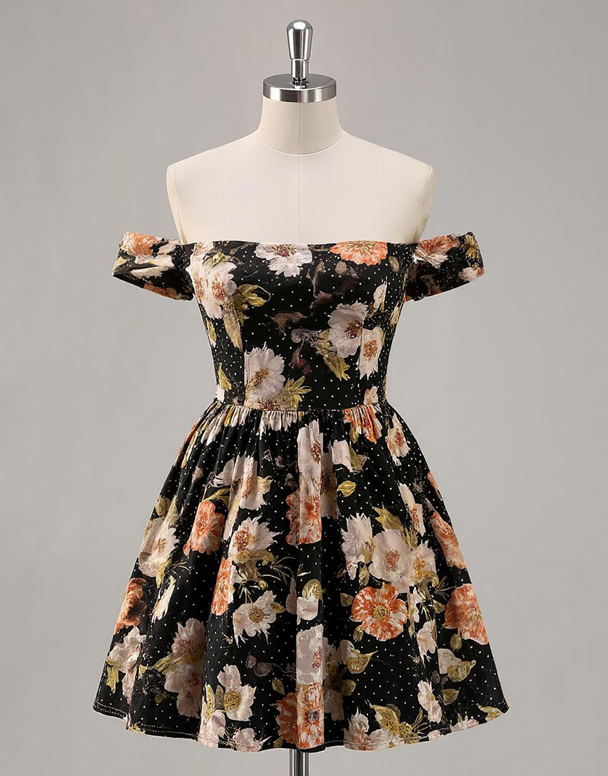 Sparkly Black Floral A Line Short Homecoming Dress