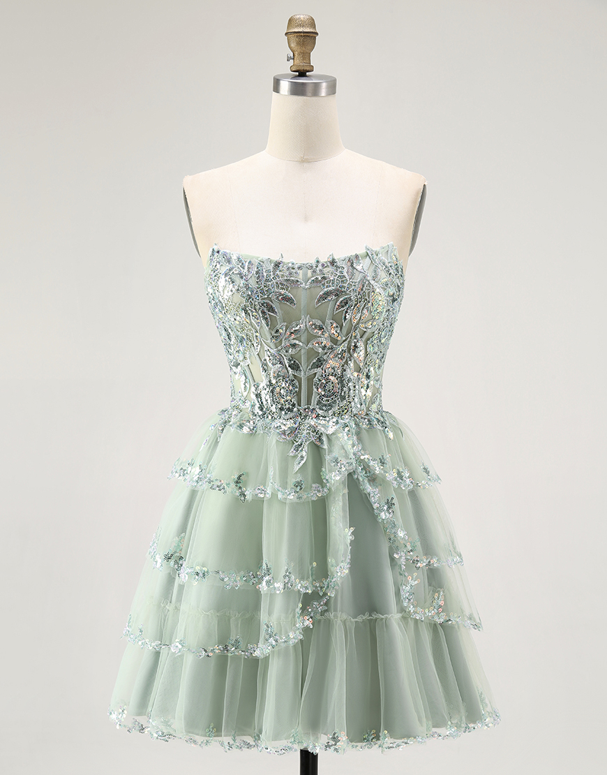 Sparkly Dusty Sage Short Strapless Tiered Homecoming Dress