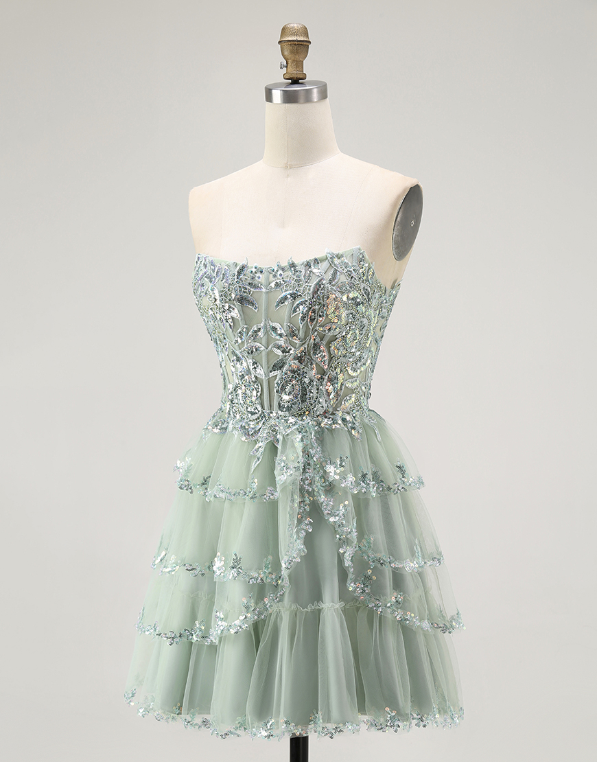 Sparkly Dusty Sage Short Strapless Tiered Homecoming Dress