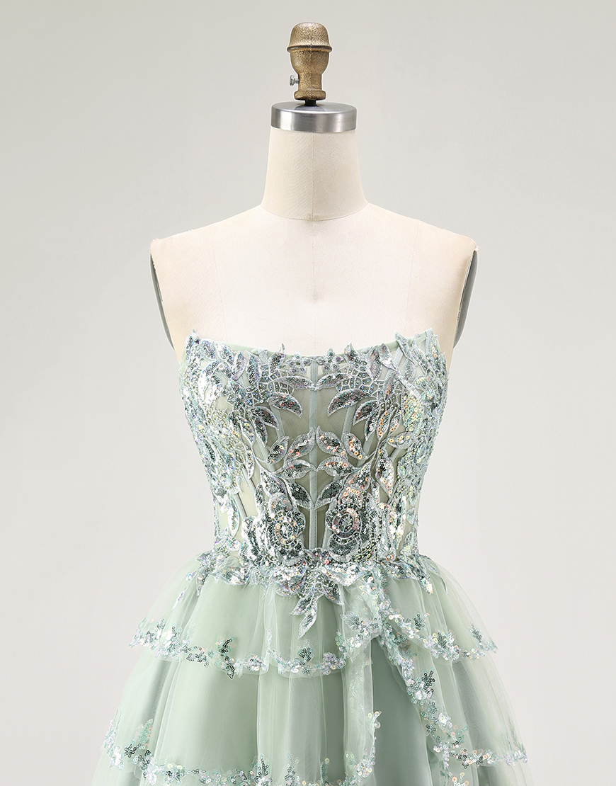 Sparkly Dusty Sage Short Strapless Tiered Homecoming Dress