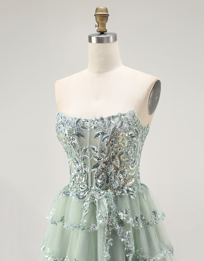 Sparkly Dusty Sage Short Strapless Tiered Homecoming Dress
