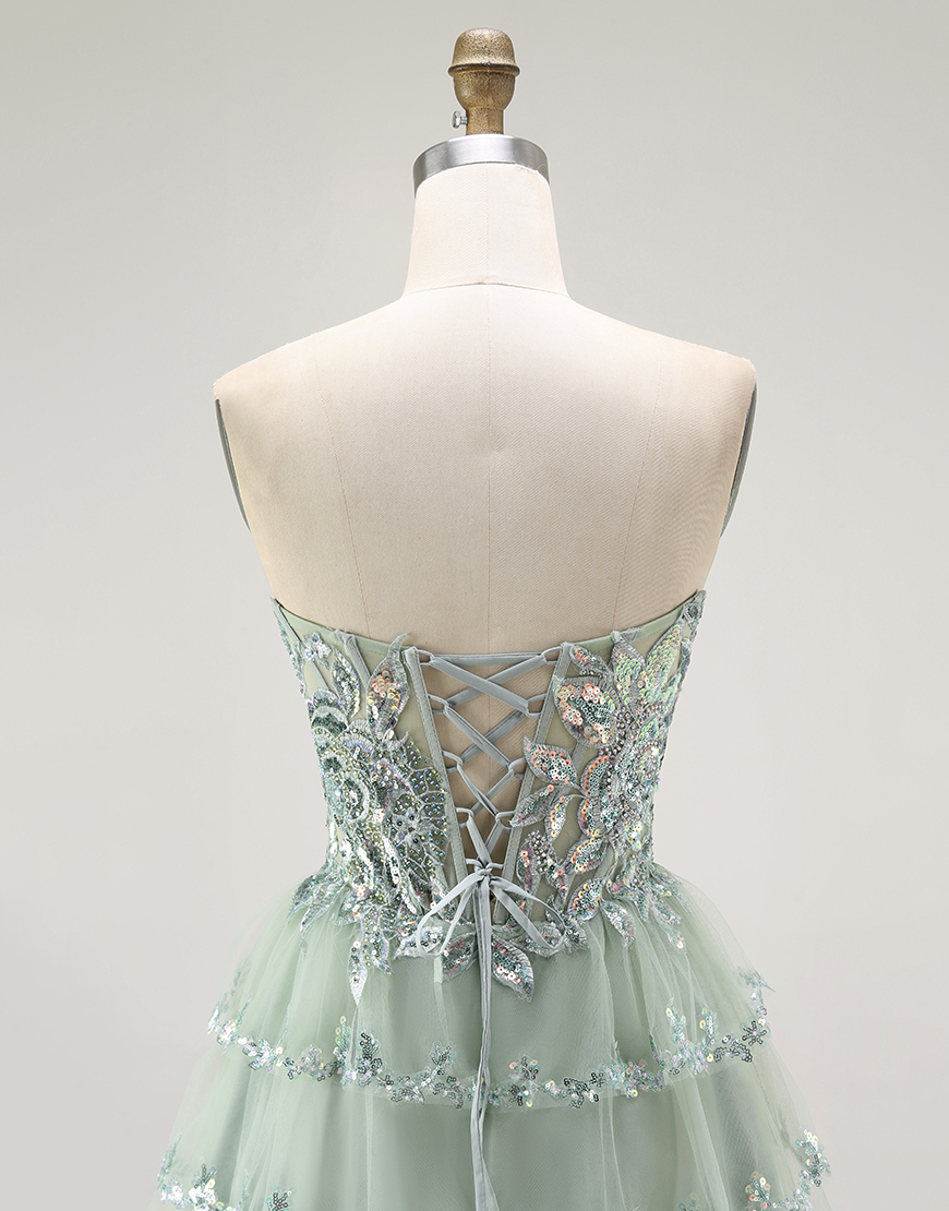 Sparkly Dusty Sage Short Strapless Tiered Homecoming Dress