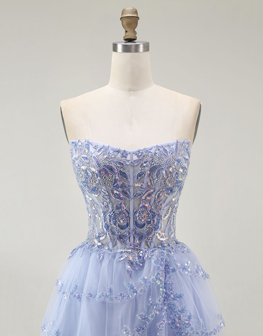 Sparkly Lavender Short Corset Strapless Tiered Homecoming Dress