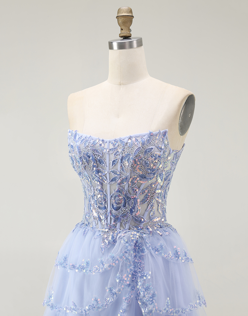 Sparkly Lavender Short Corset Strapless Tiered Homecoming Dress