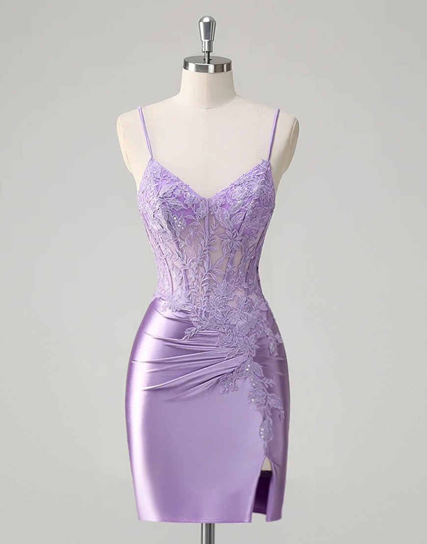 Lilac Floral Tight Short Corset Homecoming Dress with Slit
