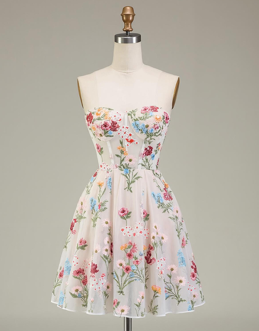 Ivory Floral A Line Corset Short Homecoming Dress