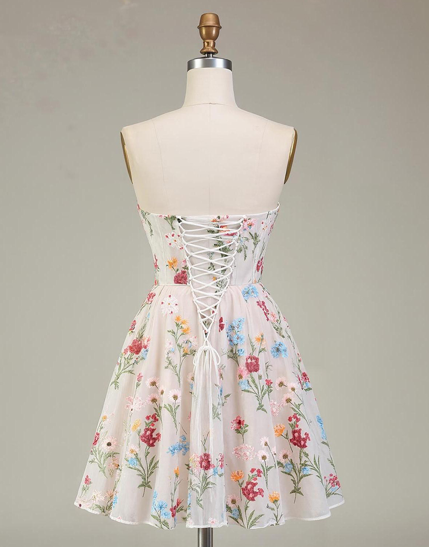 Ivory Floral A Line Corset Short Homecoming Dress
