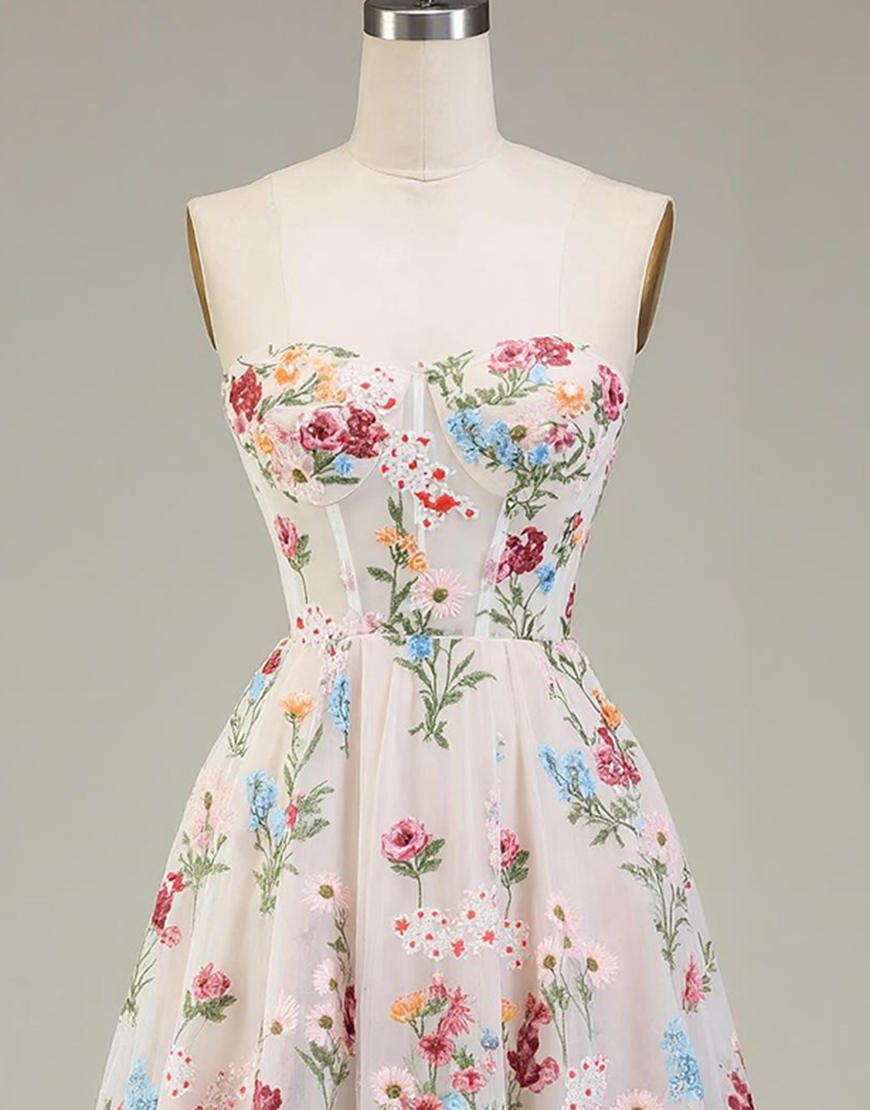 Ivory Floral A Line Corset Short Homecoming Dress