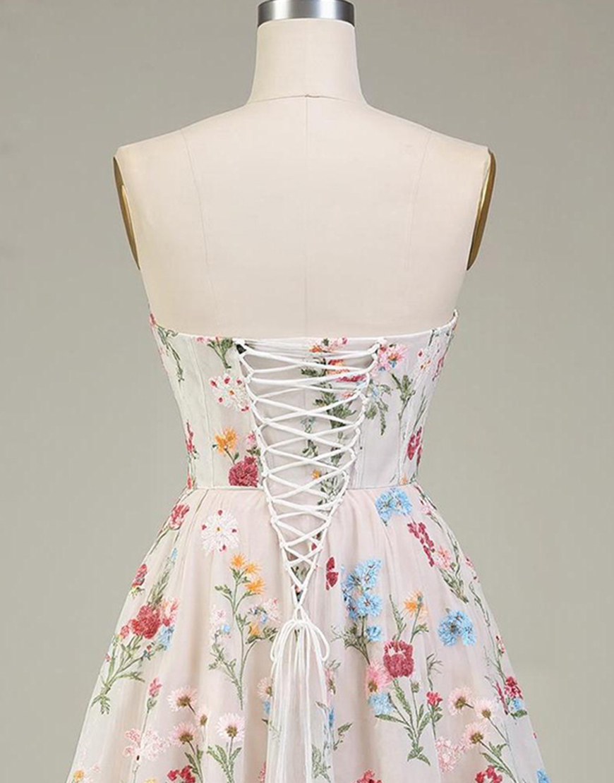 Ivory Floral A Line Corset Short Homecoming Dress