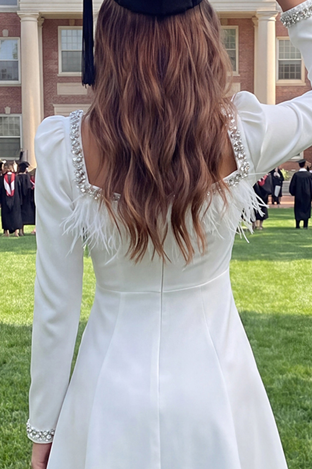 Sparkly Ivory A Line Satin Short Graduation Dress with Sleeves