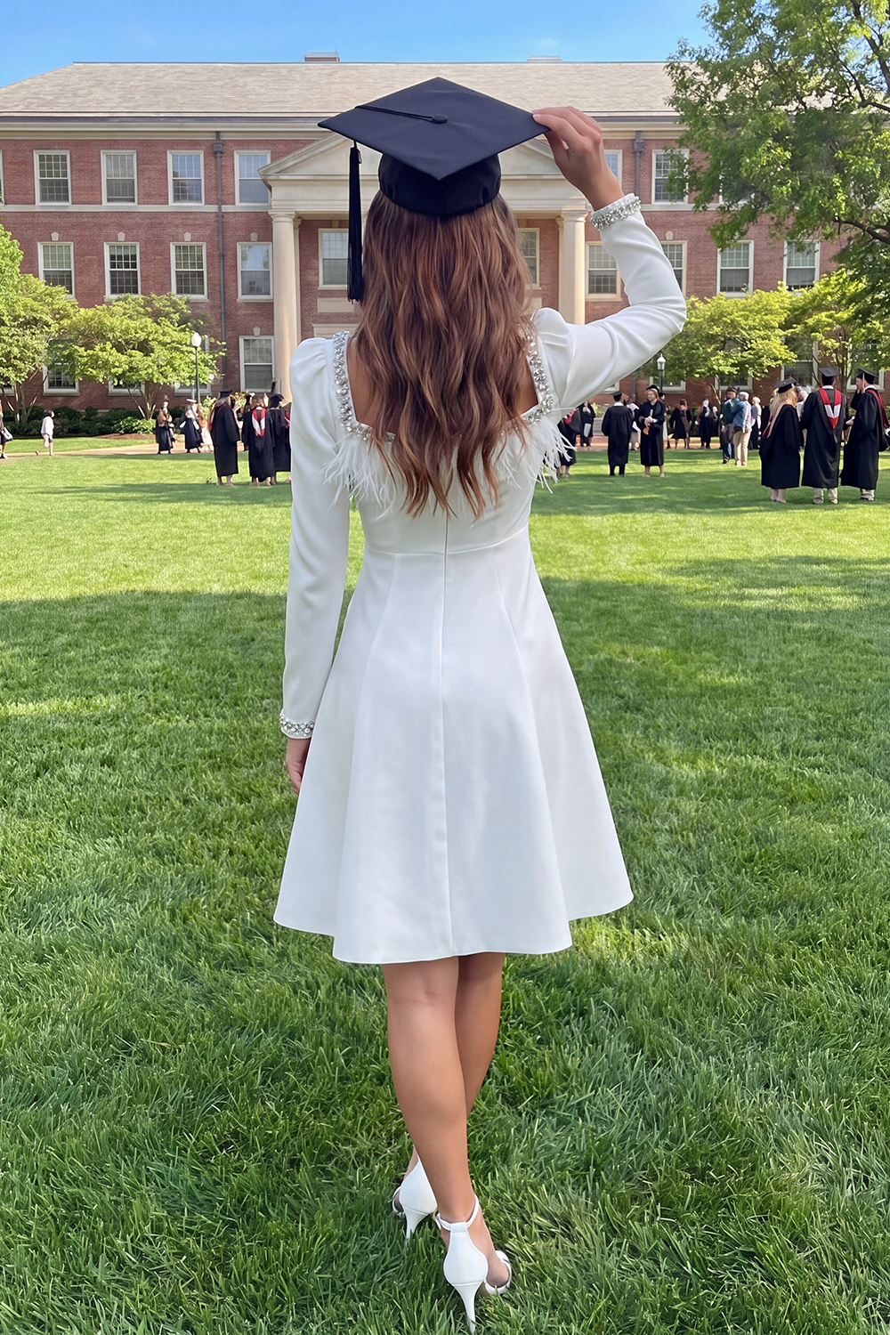 Sparkly Ivory A Line Satin Short Graduation Dress with Sleeves