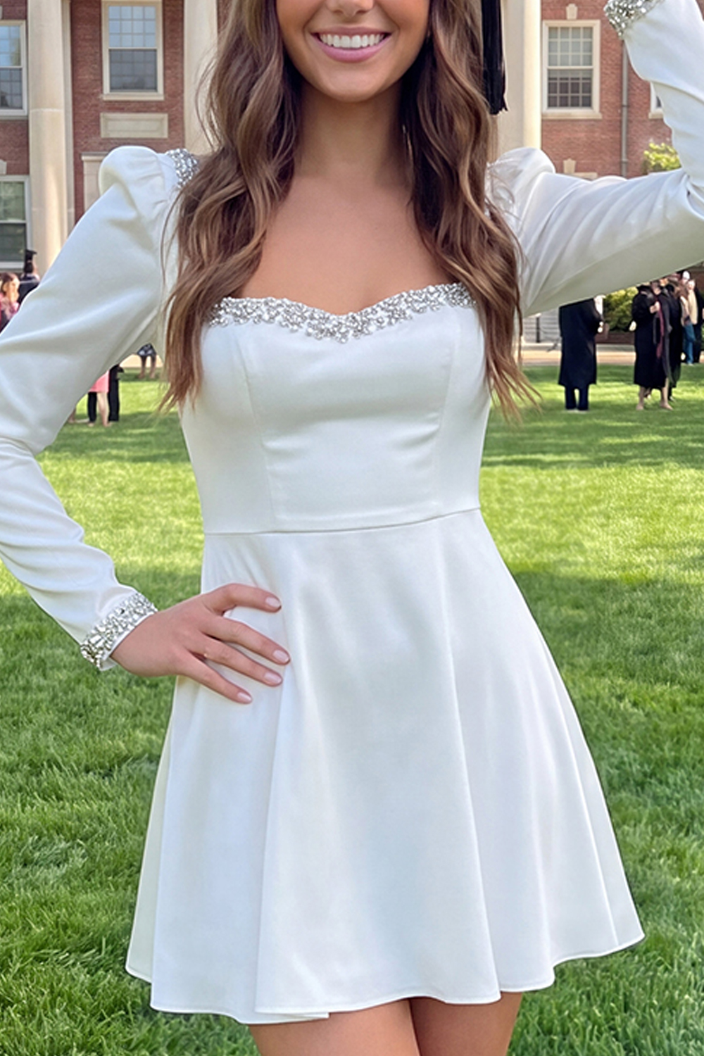 Sparkly Ivory A Line Satin Short Graduation Dress with Sleeves