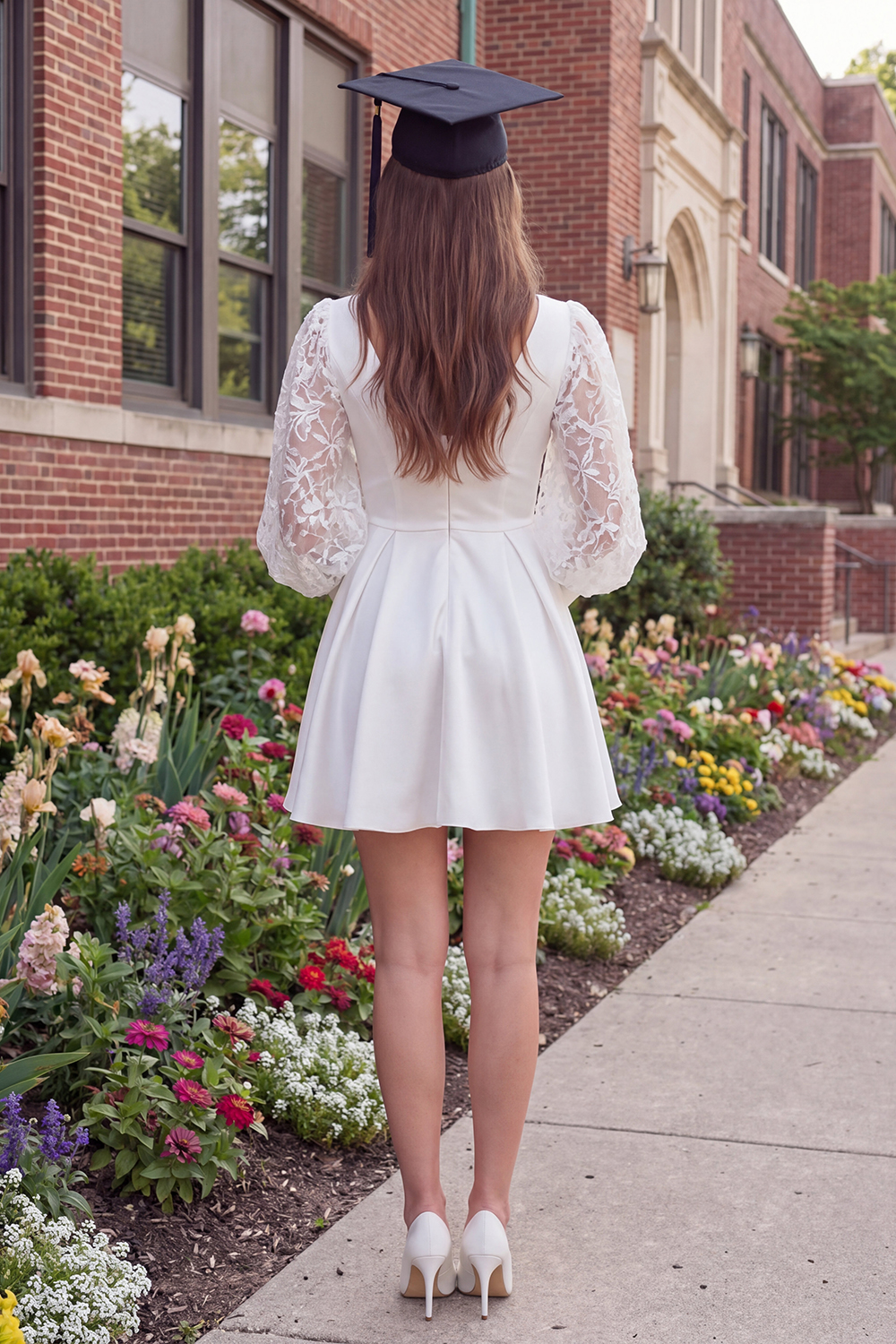 Ivory V-Neck Satin A Line Short Graduation Dress with Lace