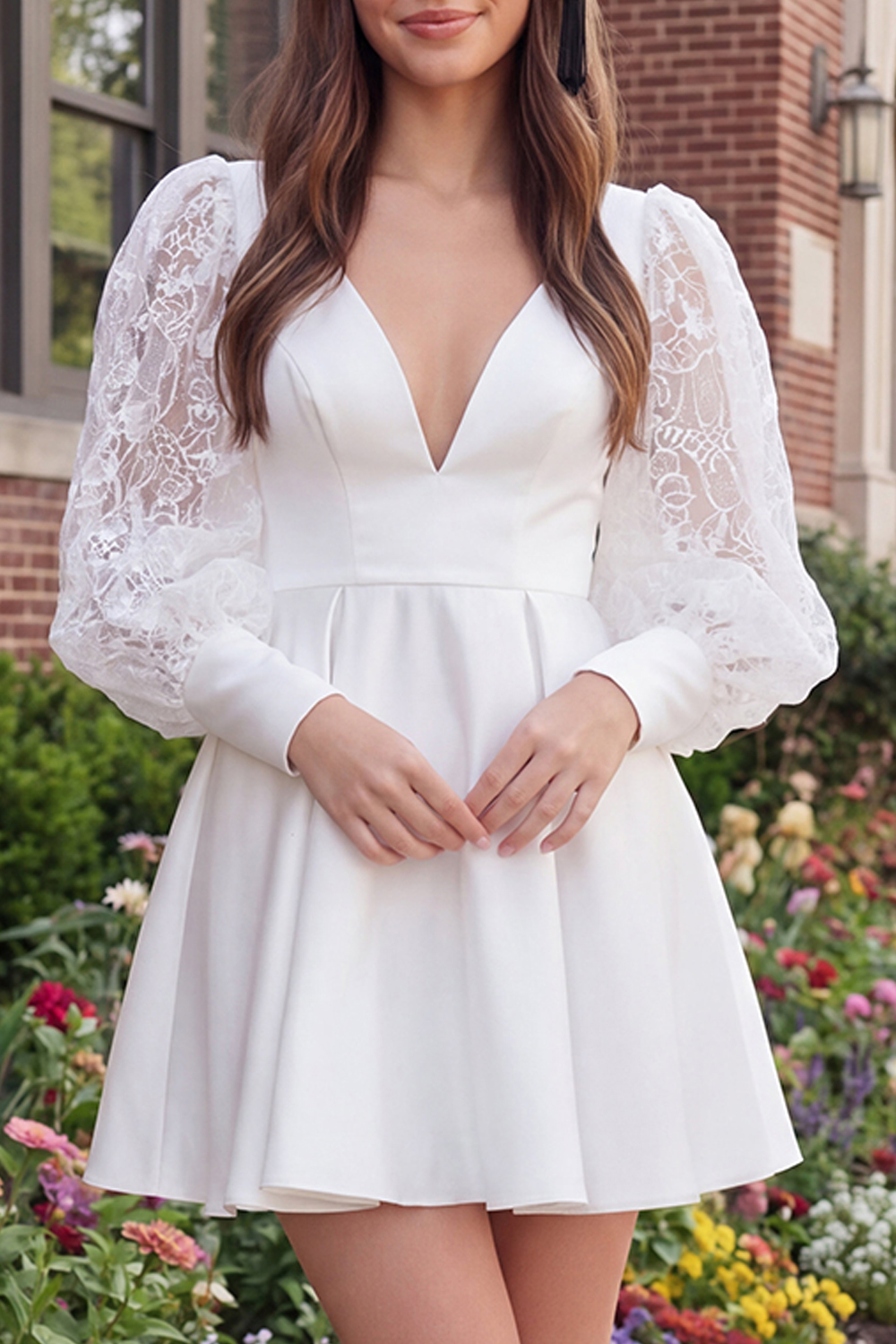 Ivory V-Neck Satin A Line Short Graduation Dress with Lace