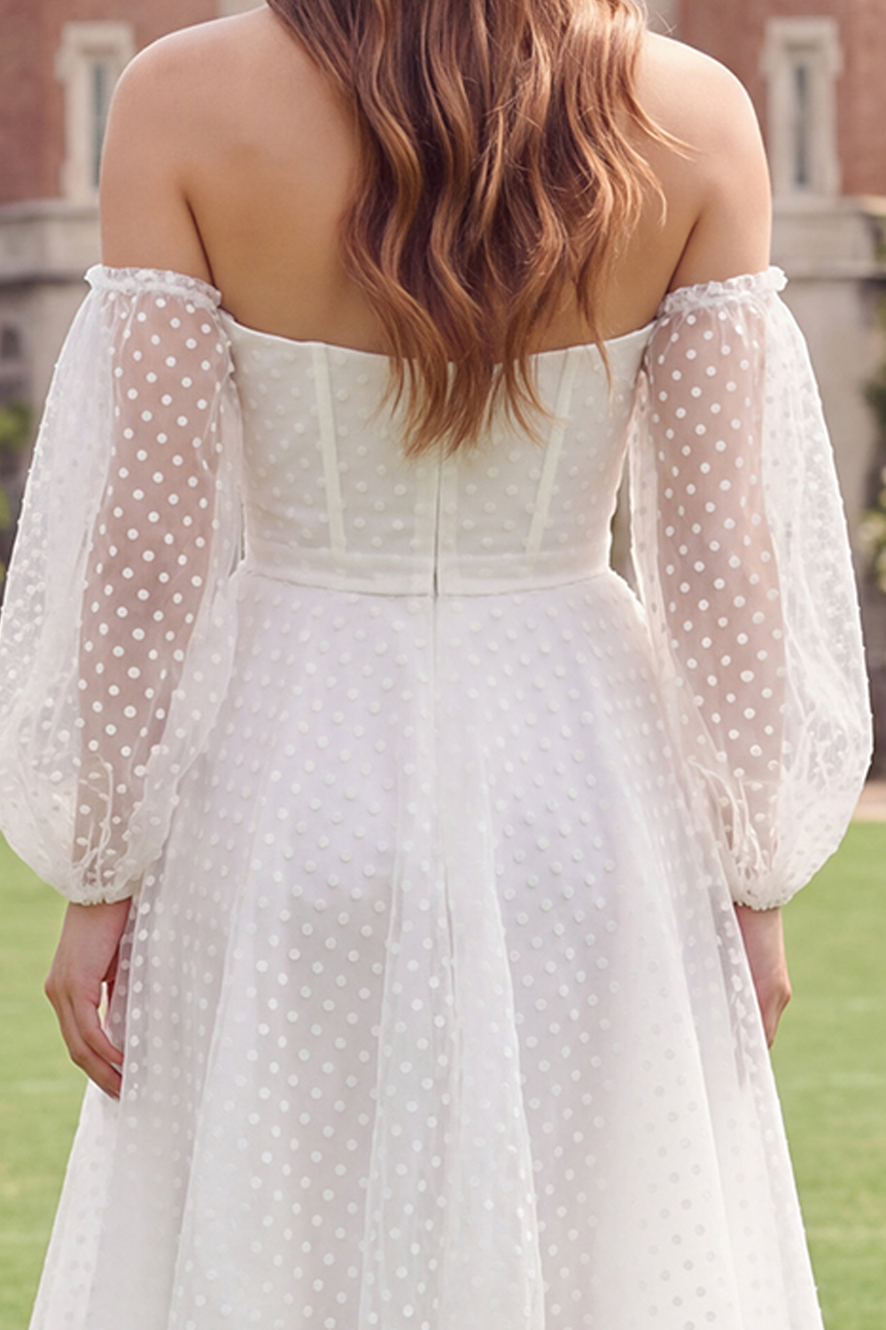 Ivory Off the Shoulder A Line Midi Graduation Dress with Sleeves