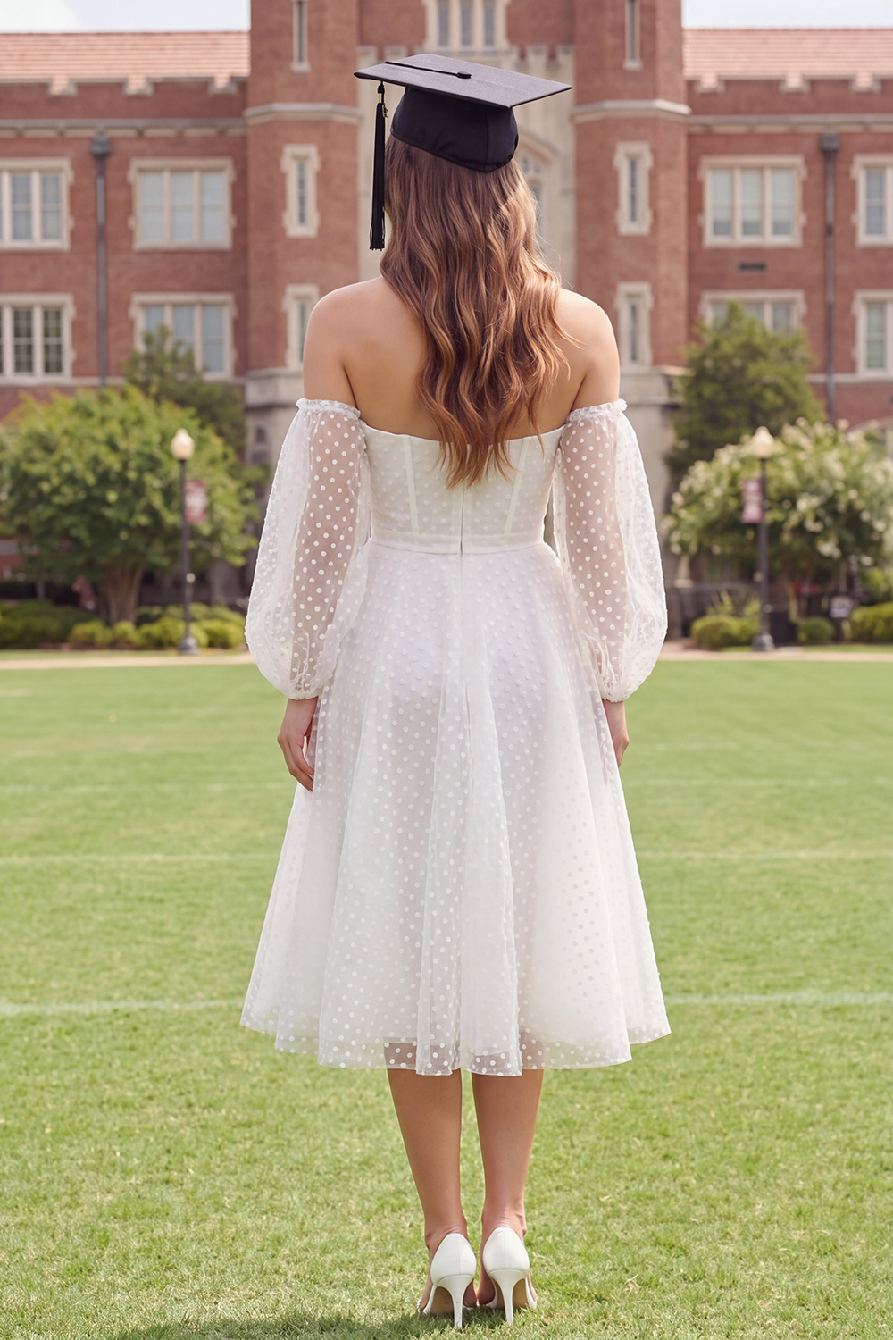 Ivory Off the Shoulder A Line Midi Graduation Dress with Sleeves