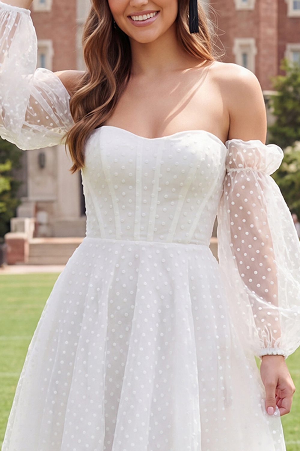 Ivory Off the Shoulder A Line Midi Graduation Dress with Sleeves