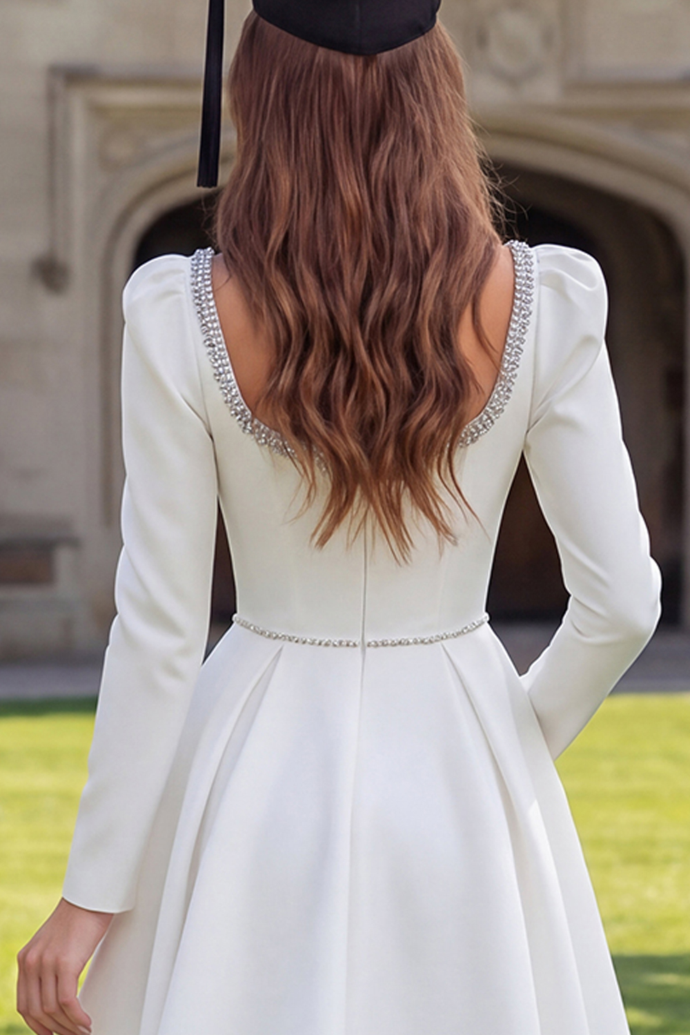 Sparkly Ivory Satin A Line Scoop Neck Short Graduation Dress with Beading