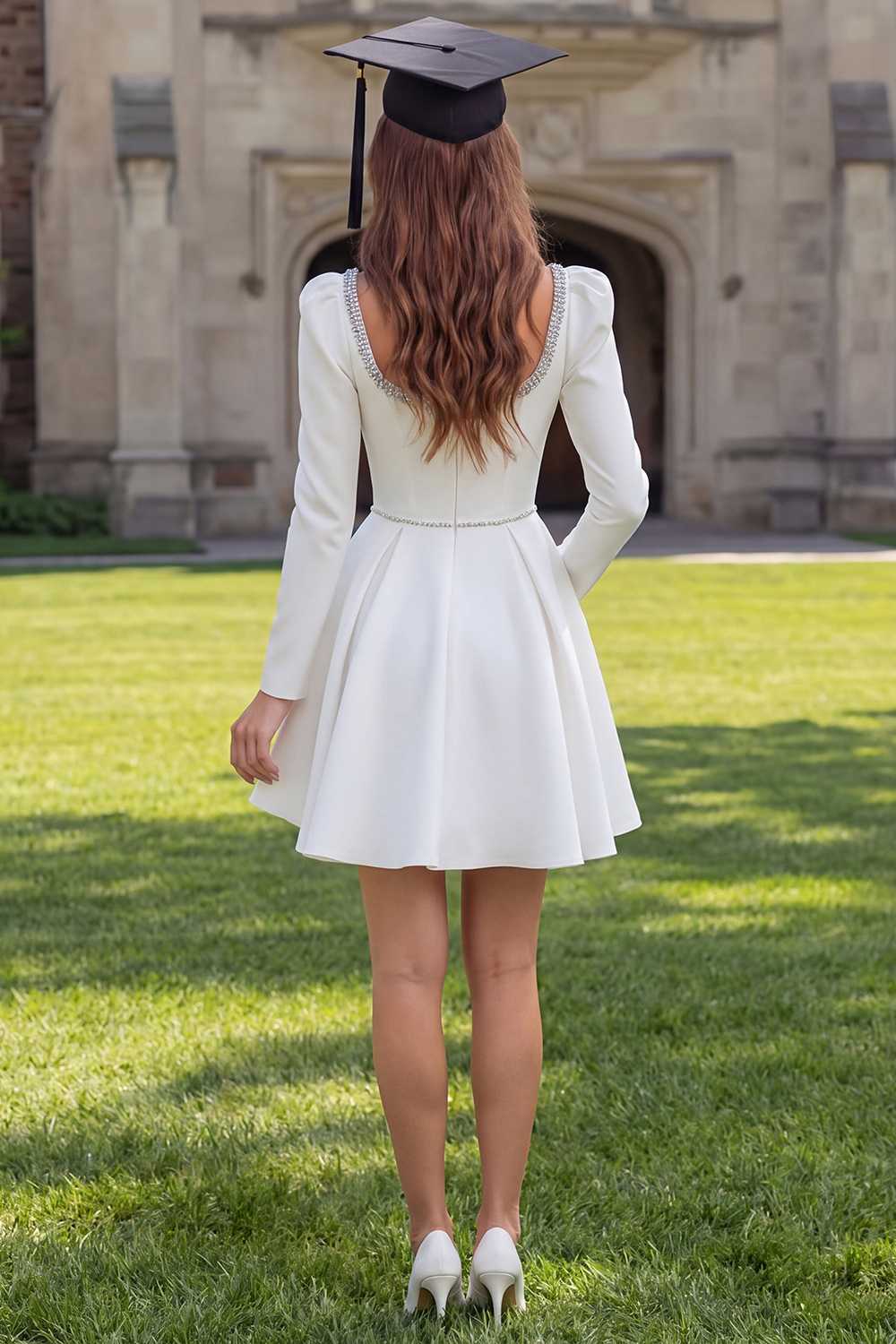 Sparkly Ivory Satin A Line Scoop Neck Short Graduation Dress with Beading