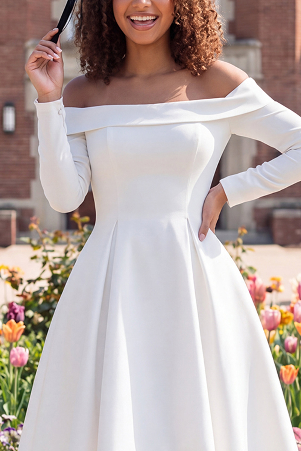 Ivory Off the Shoulder Satin High-Low Graduation Dress with Sleeves