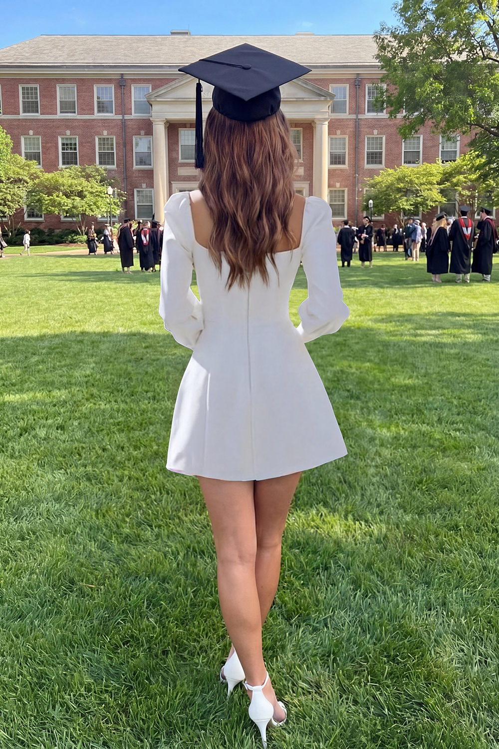 Ivory Satin A Line Short Graduation Dress with Sleeves