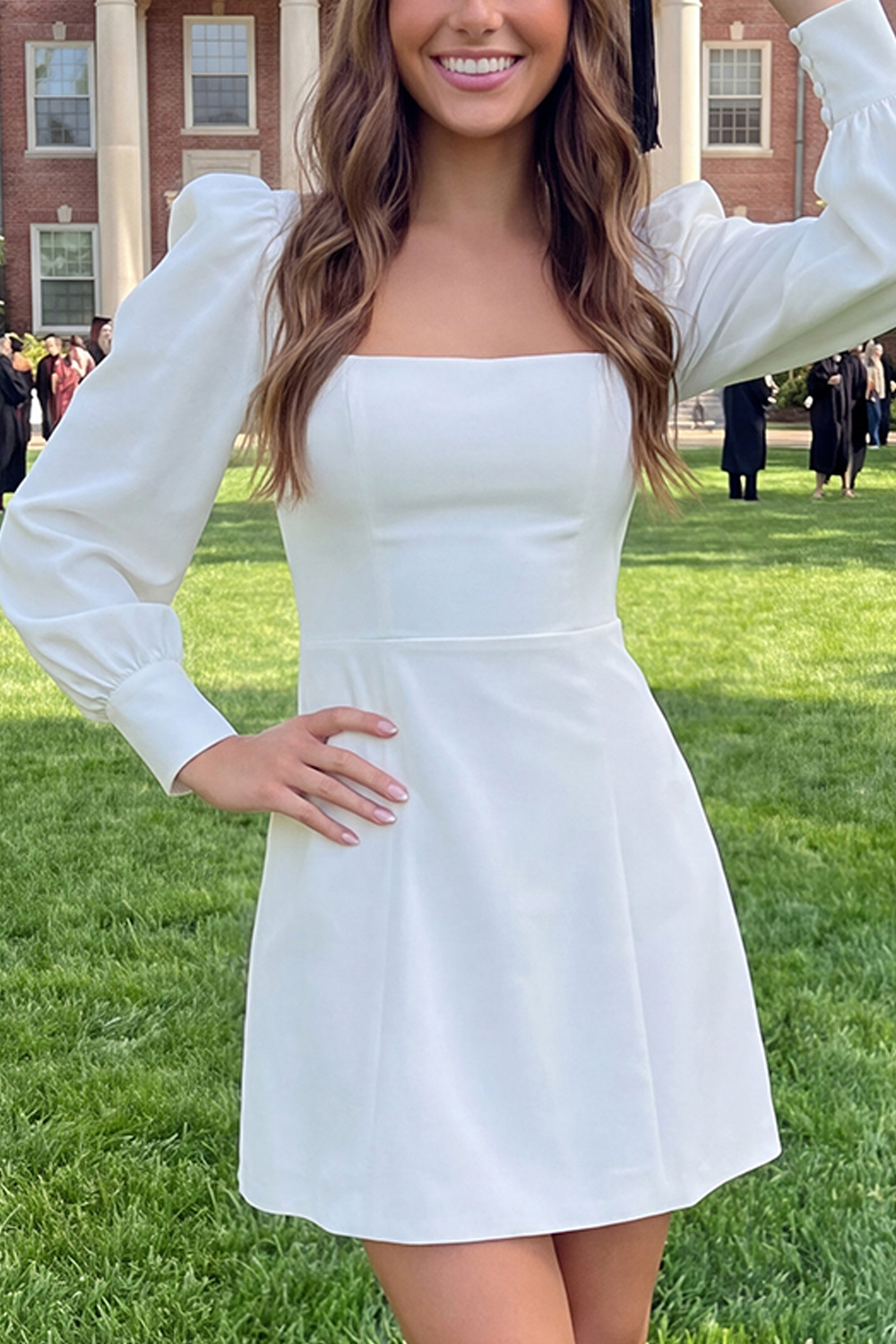 Ivory Satin A Line Short Graduation Dress with Sleeves