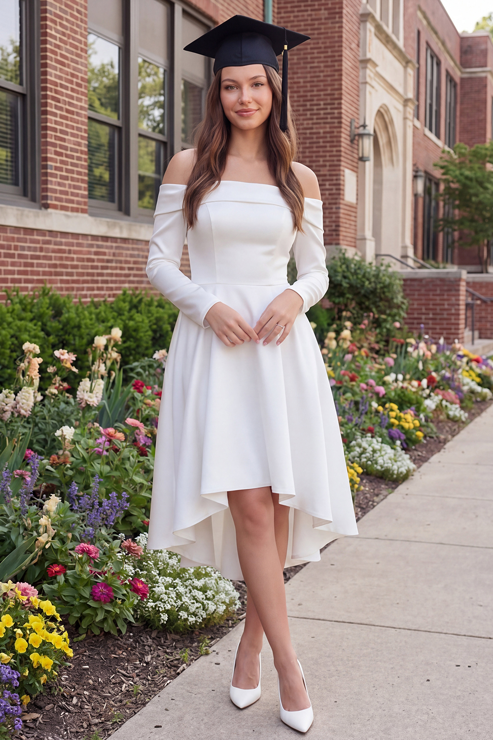Ivory A Line Off the Shoulder Satin High Low Graduation Dress with Sleeves