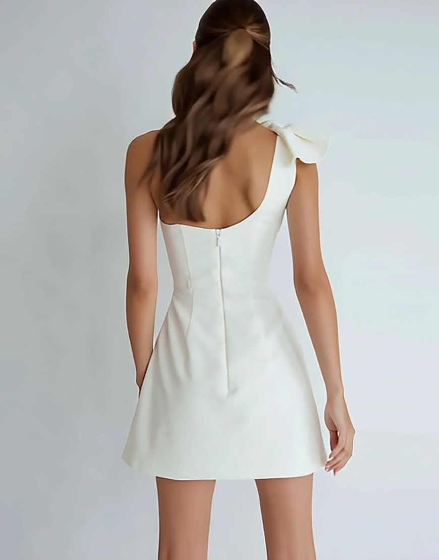 Ivory Satin One Shoulder Short A Line Homecoming Dress with Bow