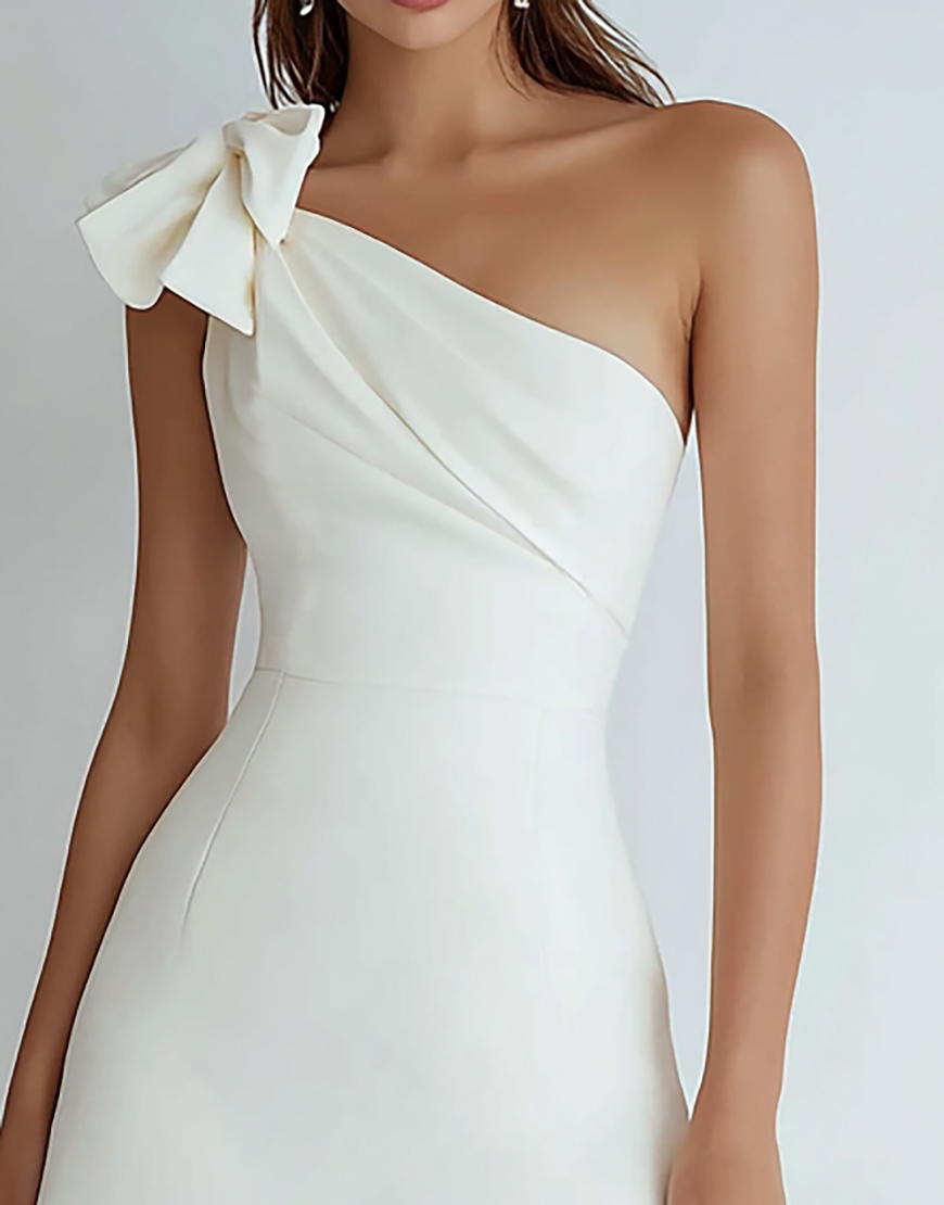 Ivory Satin One Shoulder Short A Line Homecoming Dress with Bow