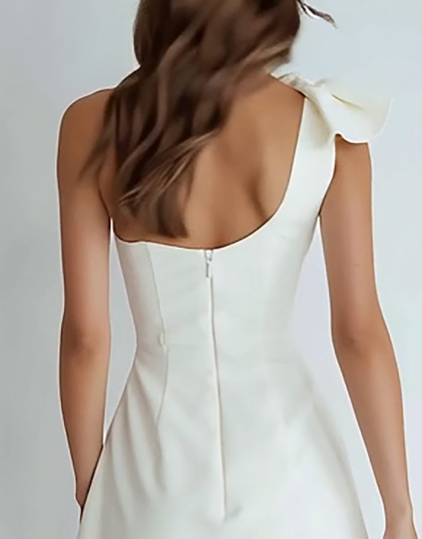 Ivory Satin One Shoulder Short A Line Homecoming Dress with Bow