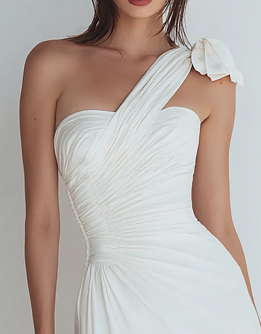 Ivory One Shoulder Satin Ruched Short Tight Homecoming Dress with Bow