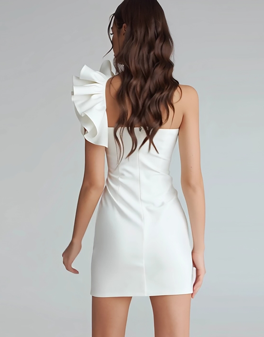 Ivory Satin One Shoulder Short Tight Homecoming Dress with Ruffles