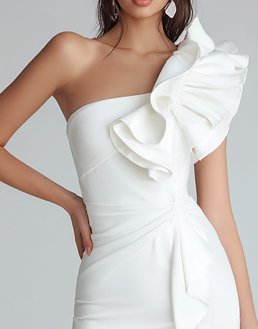 Ivory Satin One Shoulder Short Tight Homecoming Dress with Ruffles