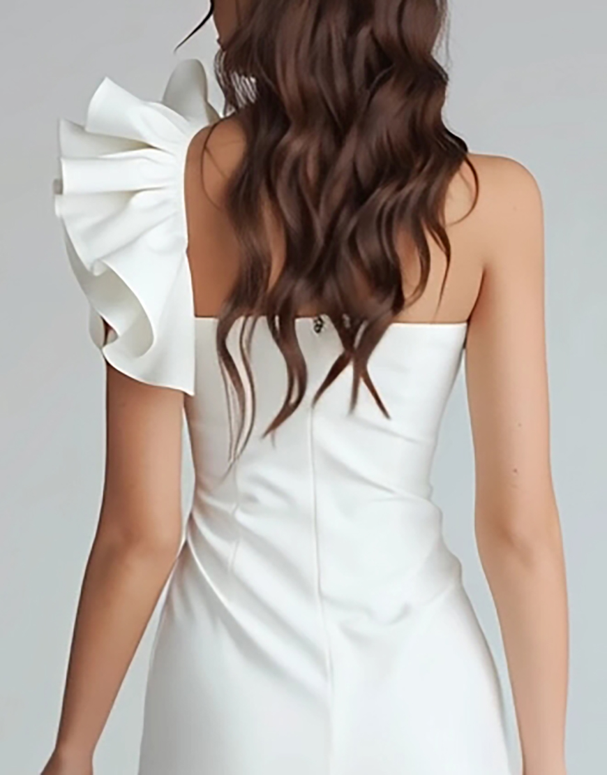 Ivory Satin One Shoulder Short Tight Homecoming Dress with Ruffles