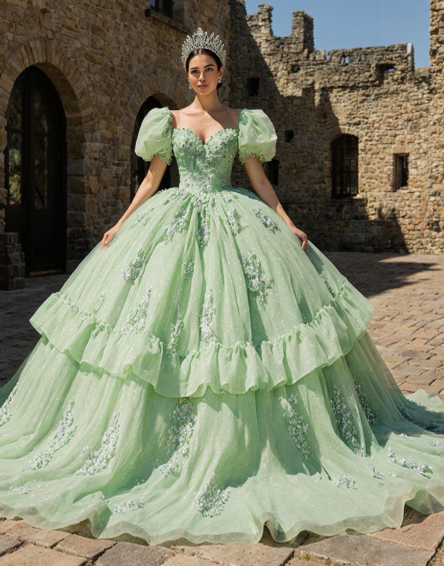 Light Green Tulle Appliqued Puff Sleeves Princess Quinceanera Dress with Ruffles