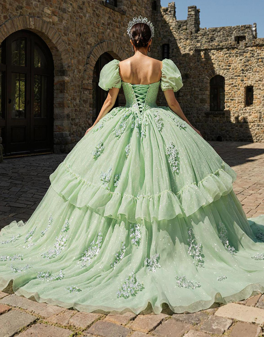 Light Green Tulle Appliqued Puff Sleeves Princess Quinceanera Dress with Ruffles