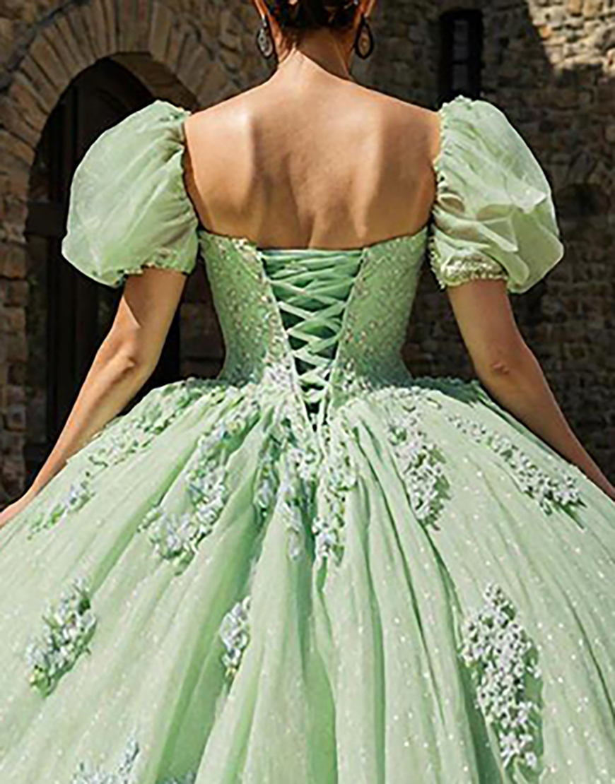 Light Green Tulle Appliqued Puff Sleeves Princess Quinceanera Dress with Ruffles