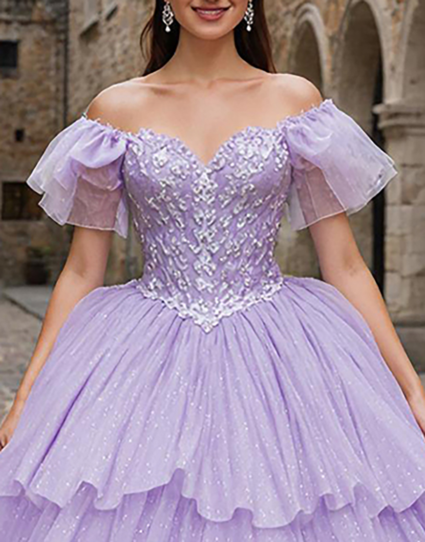 Sparkly Lilac Off the Shoulder Ruffled Tulle Princess Quinceanera Dress with Bow