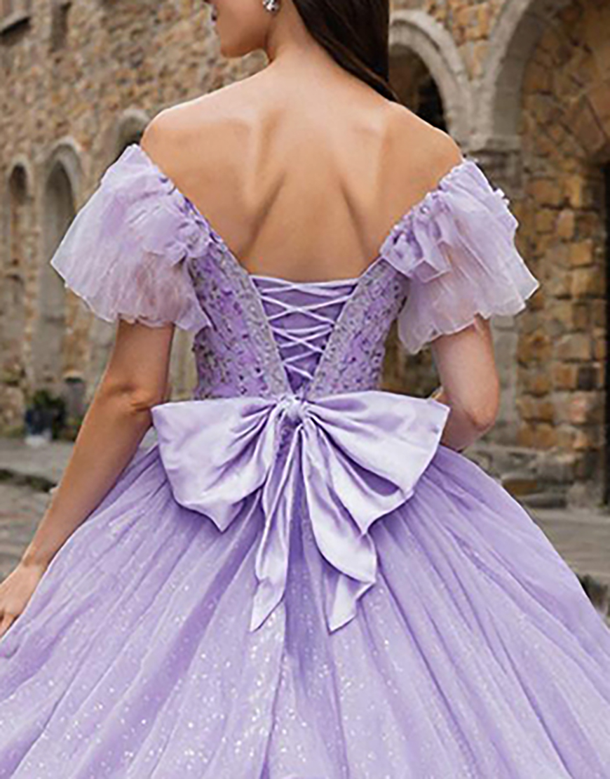Sparkly Lilac Off the Shoulder Ruffled Tulle Princess Quinceanera Dress with Bow