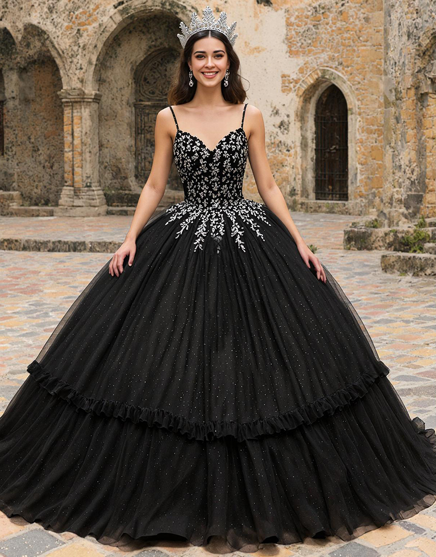 Black Tulle Spaghetti Straps Princess Quinceanera Dress with Appliques