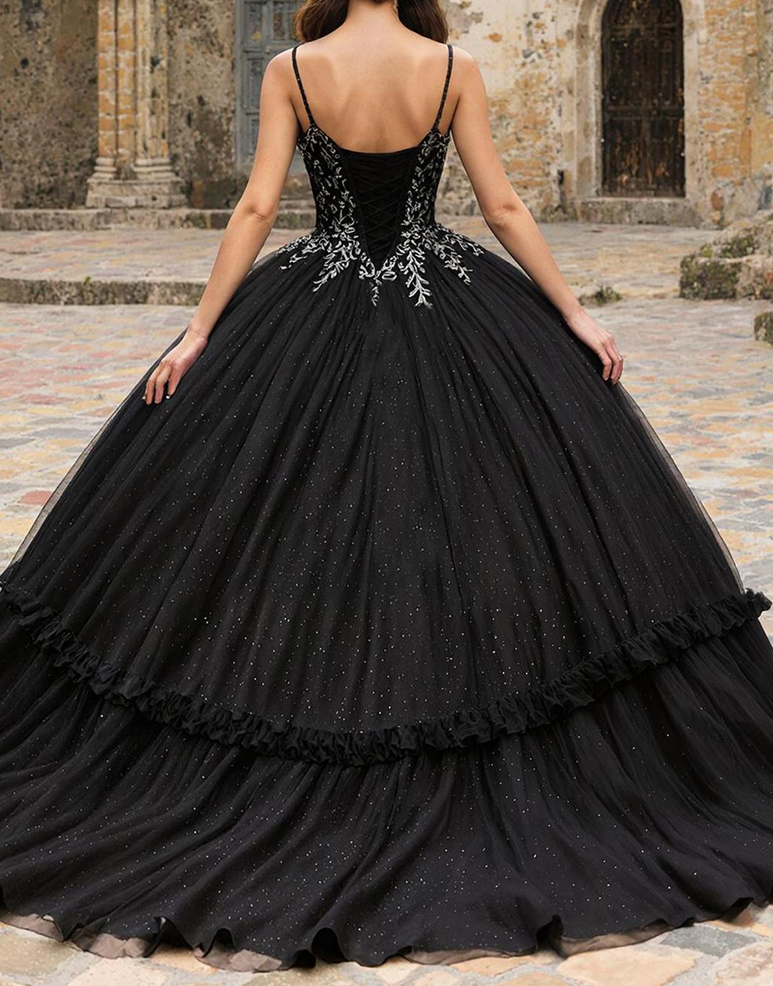 Black Tulle Spaghetti Straps Princess Quinceanera Dress with Appliques
