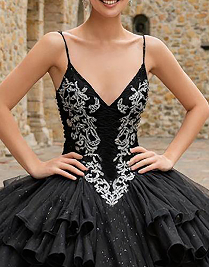Glitter Black Spaghetti Straps Ruffled Tulle Princess Quinceanera Dress with Appliques