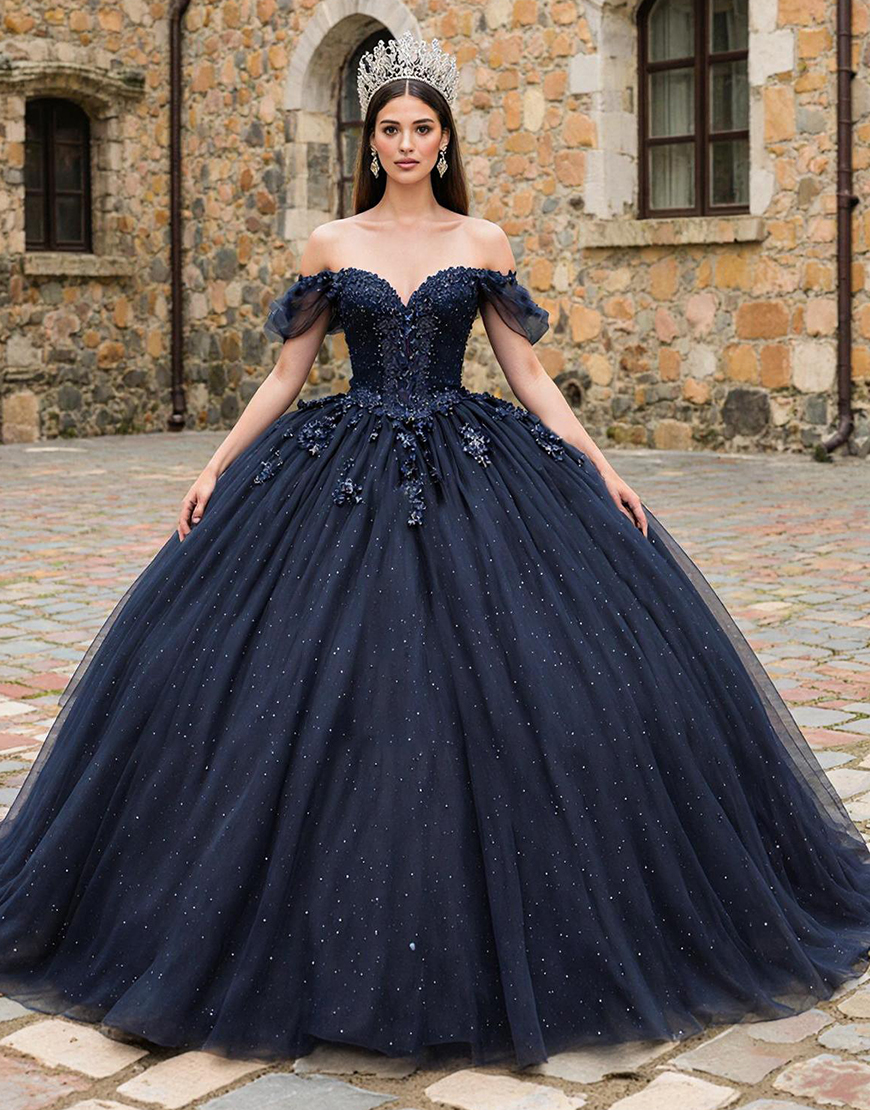 Sparkly Navy Tulle Off the Shoulder Princess Quinceanera Dress with Beading