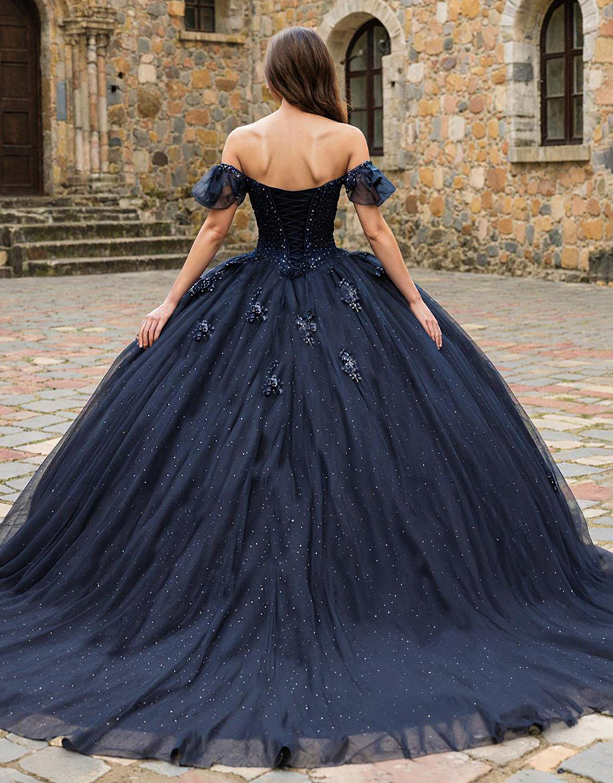 Sparkly Navy Tulle Off the Shoulder Princess Quinceanera Dress with Beading